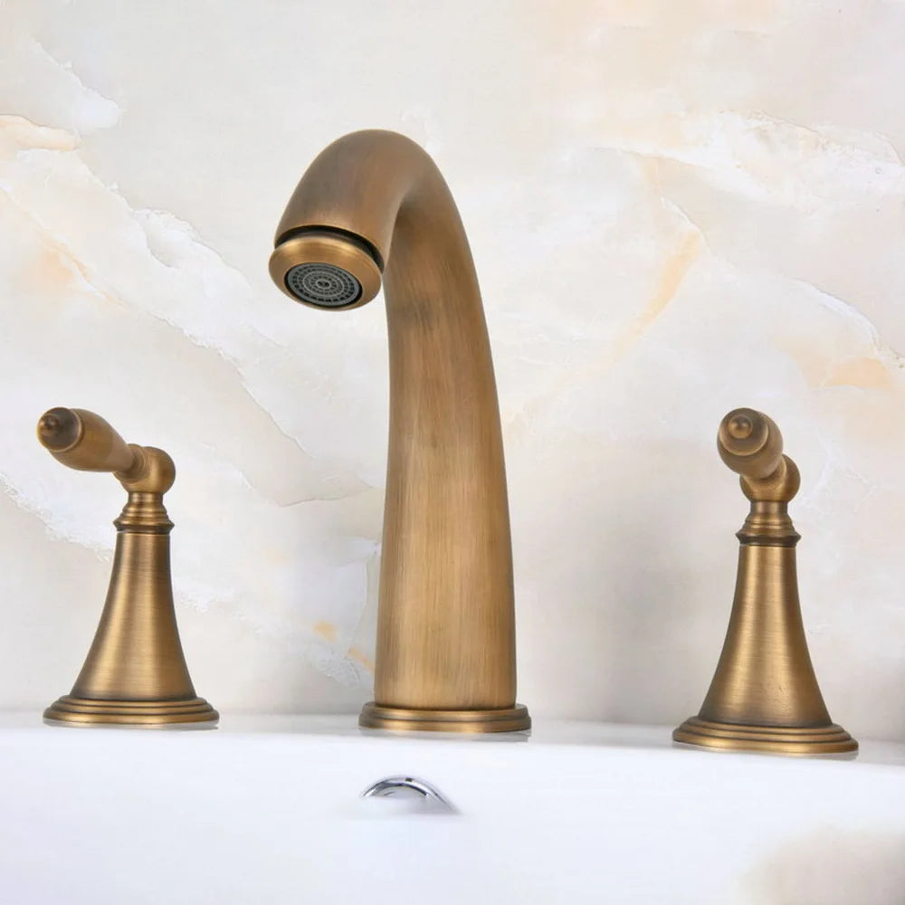 Basin Faucets 3pcs Antique Brass Classic Bathroom Sink Faucet Double Handle 3 Hole Bathbasin Counter Mixer Taps Nan081