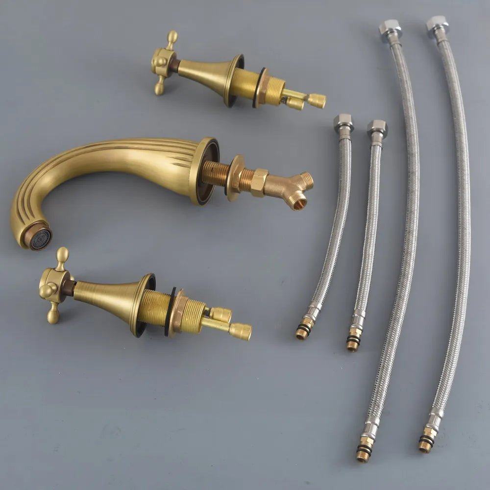 Vintage Retro Antique Brass Deck Mounted Dual Handles Widespread Bathroom 3 Holes Basin Faucet Mixer Water Taps man089