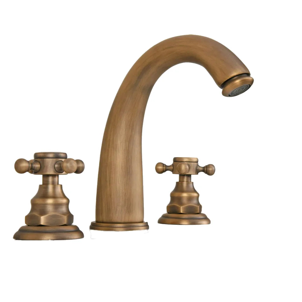 Vintage Retro Antique Brass Deck Mounted Dual Handles Widespread Bathroom 3 Holes Basin Faucet Mixer Water Taps man077
