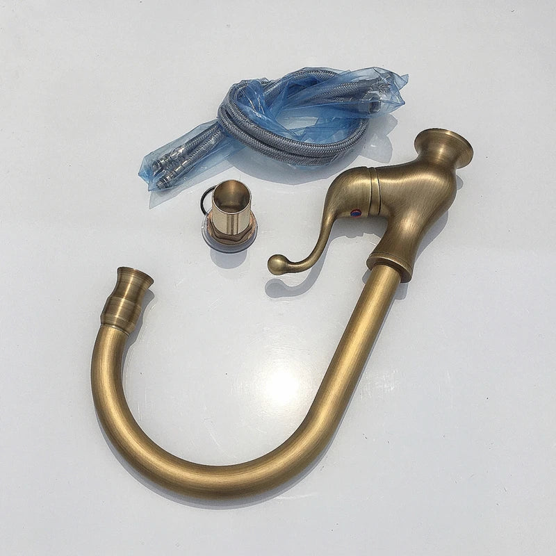 WZLY-Antique Copper Kitchen Faucets, Bathroom Wash-Basin Faucet, Deck Mounted, Cold and Hot Water Sink Mixer Taps, 360 Rotation