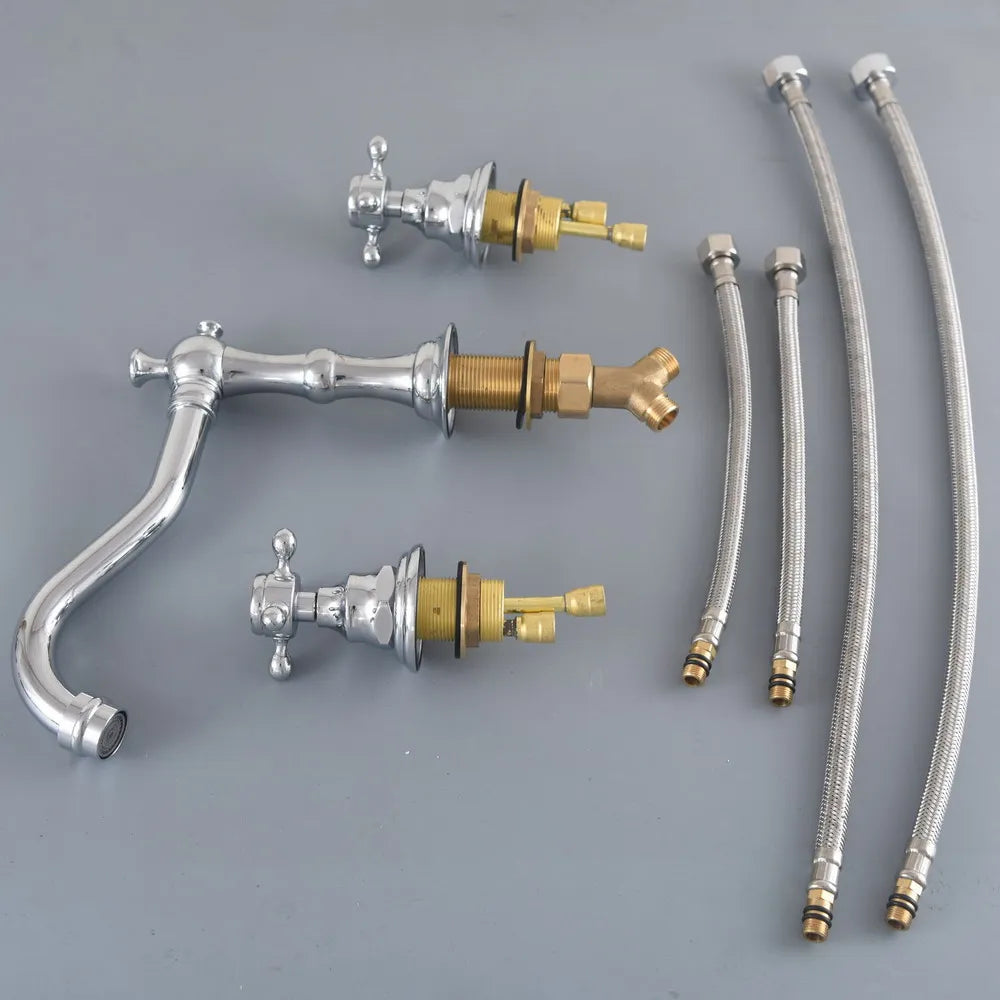 Brass Deck Mounted Dual Handles Widespread Bathroom 3 Holes Basin Faucet Mixer Water Taps mzh041