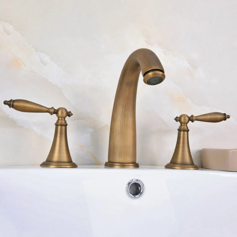 Basin Faucets 3pcs Antique Brass Classic Bathroom Sink Faucet Double Handle 3 Hole Bathbasin Counter Mixer Taps Nan081