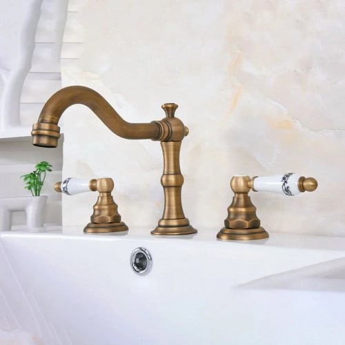 Antique Brass 3-Hole Basin Mixer Tap – Retro Dual Handle Style