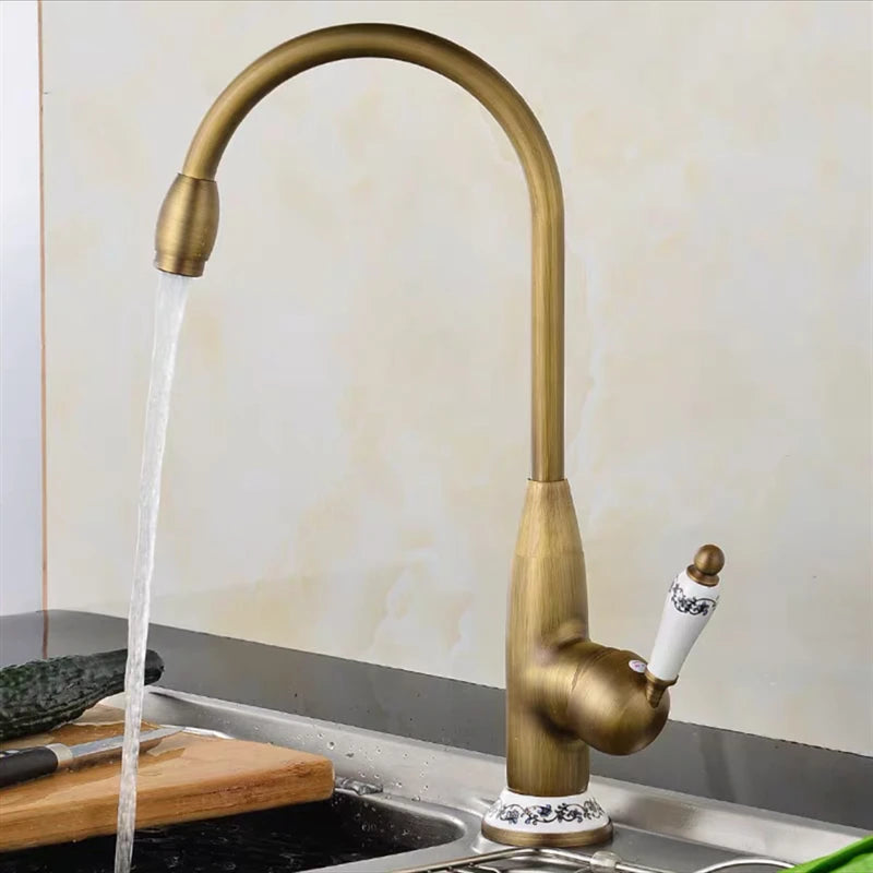 WZLY-Antique Copper Kitchen Faucets, Bathroom Wash-Basin Faucet, Deck Mounted, Cold and Hot Water Sink Mixer Taps, 360 Rotation