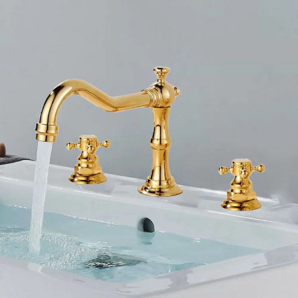 Brass Deck Mounted Dual Handles Widespread Bathroom 3 Holes Basin Faucet Mixer Water Taps mzh041