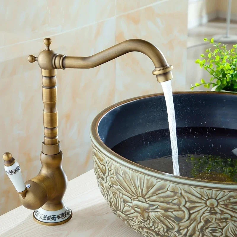 Antique Brass Bathroom Faucet Rotating Spout Basin Sink Mixer Tap Bathroom Kitchen Washing Faucet Washbasin Taps Mixers