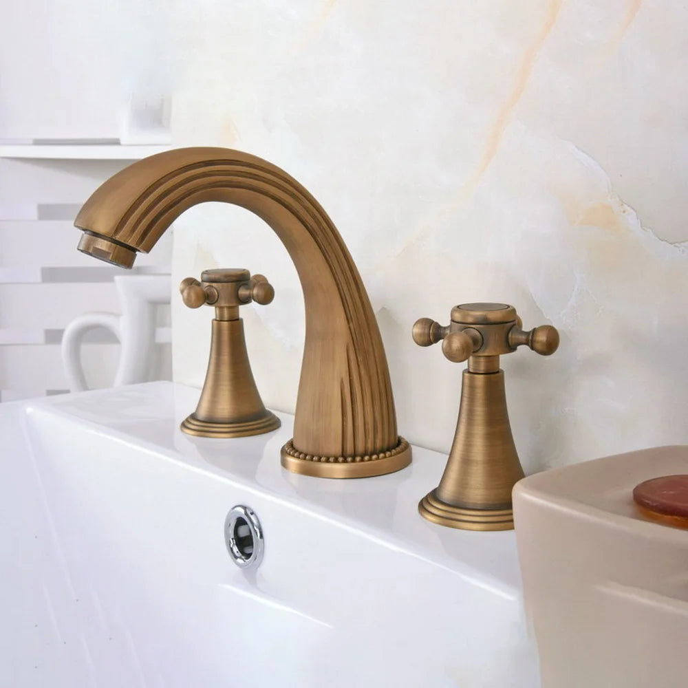 Vintage Retro Antique Brass Deck Mounted Dual Handles Widespread Bathroom 3 Holes Basin Faucet Mixer Water Taps man089