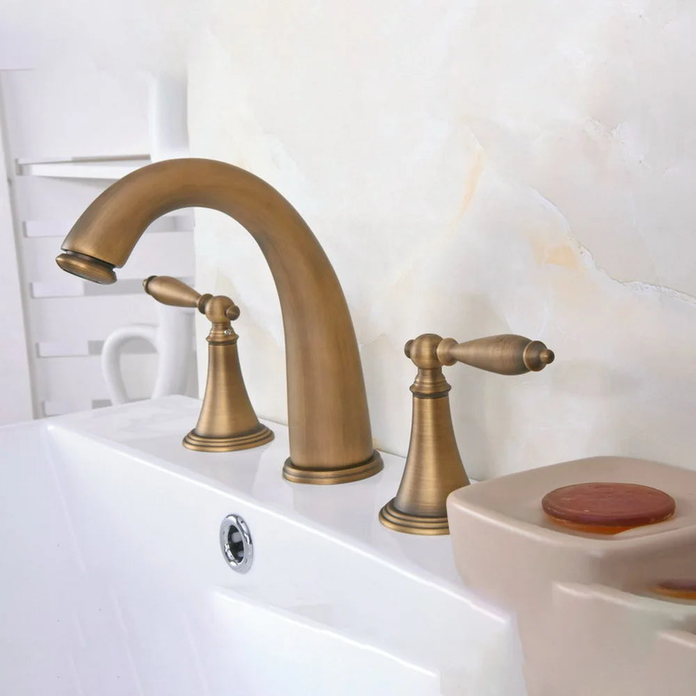 Basin Faucets 3pcs Antique Brass Classic Bathroom Sink Faucet Double Handle 3 Hole Bathbasin Counter Mixer Taps Nan081