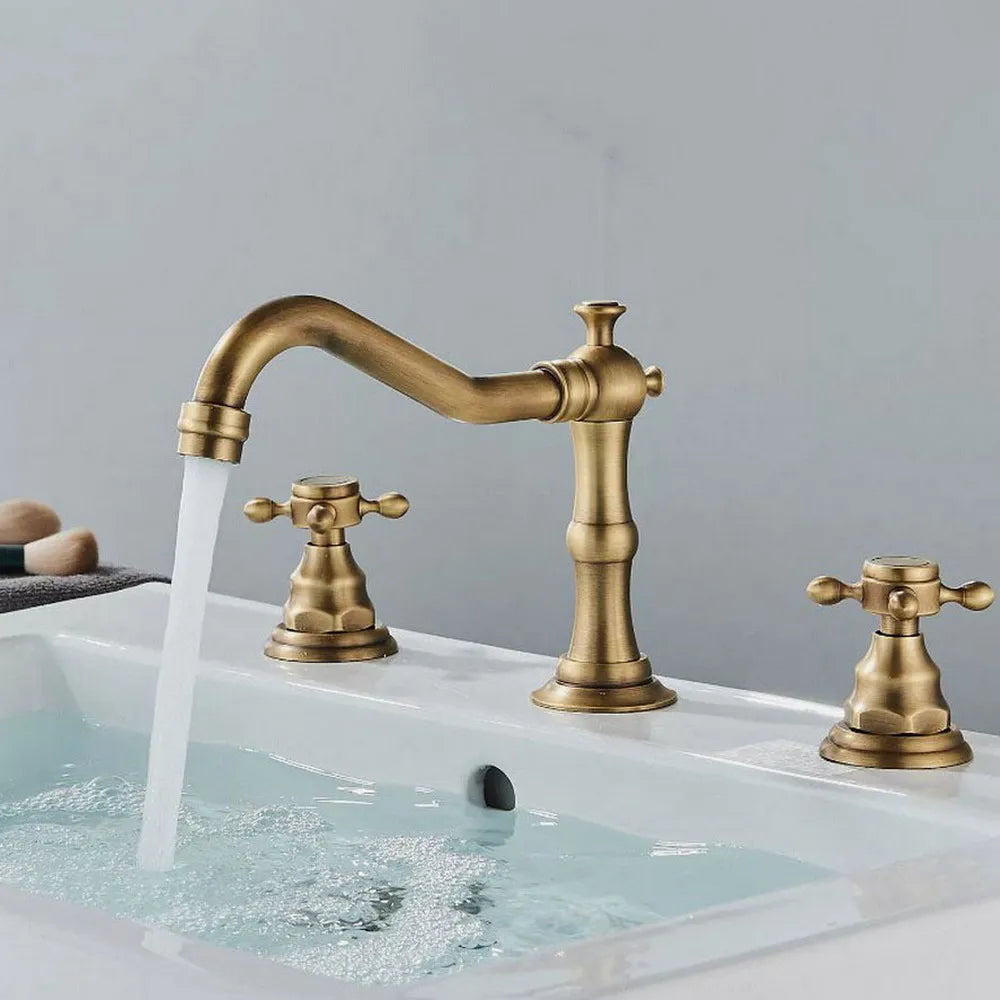 Brass Deck Mounted Dual Handles Widespread Bathroom 3 Holes Basin Faucet Mixer Water Taps mzh041