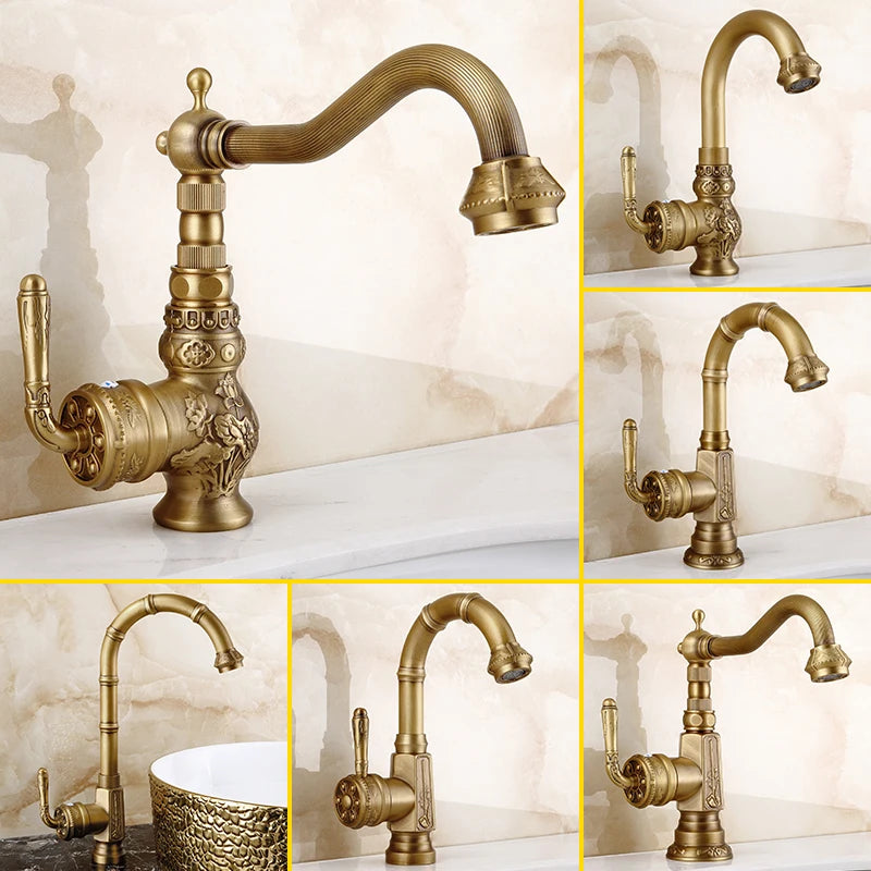 Basin Faucets Solid Brass Vintage Antique Bathroom Faucet Single Handle 360 Degree Swivel Spout Hot Cold Water Basin Mixer Tap