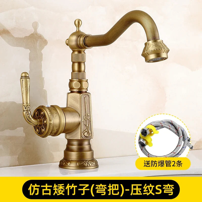 Basin Faucets Solid Brass Vintage Antique Bathroom Faucet Single Handle 360 Degree Swivel Spout Hot Cold Water Basin Mixer Tap