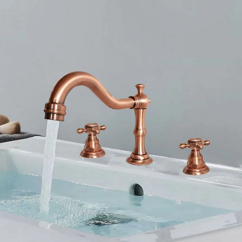 Brass Deck Mounted Dual Handles Widespread Bathroom 3 Holes Basin Faucet Mixer Water Taps mzh041