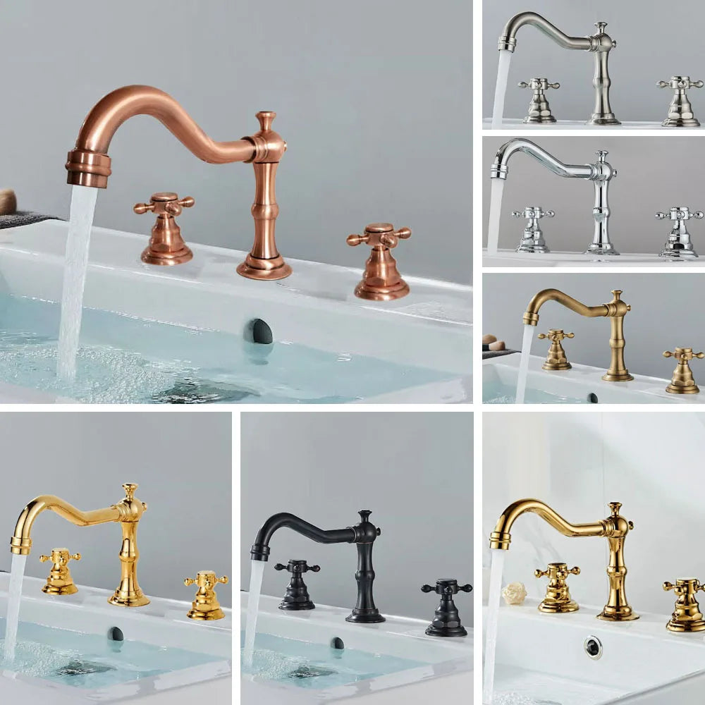 Brass Deck Mounted Dual Handles Widespread Bathroom 3 Holes Basin Faucet Mixer Water Taps mzh041