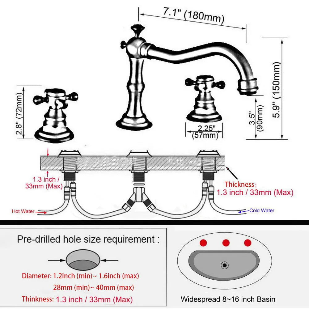 Brass Deck Mounted Dual Handles Widespread Bathroom 3 Holes Basin Faucet Mixer Water Taps mzh041
