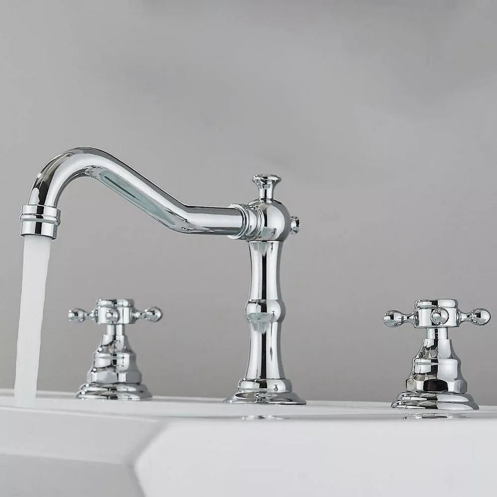 Brass Deck Mounted Dual Handles Widespread Bathroom 3 Holes Basin Faucet Mixer Water Taps mzh041