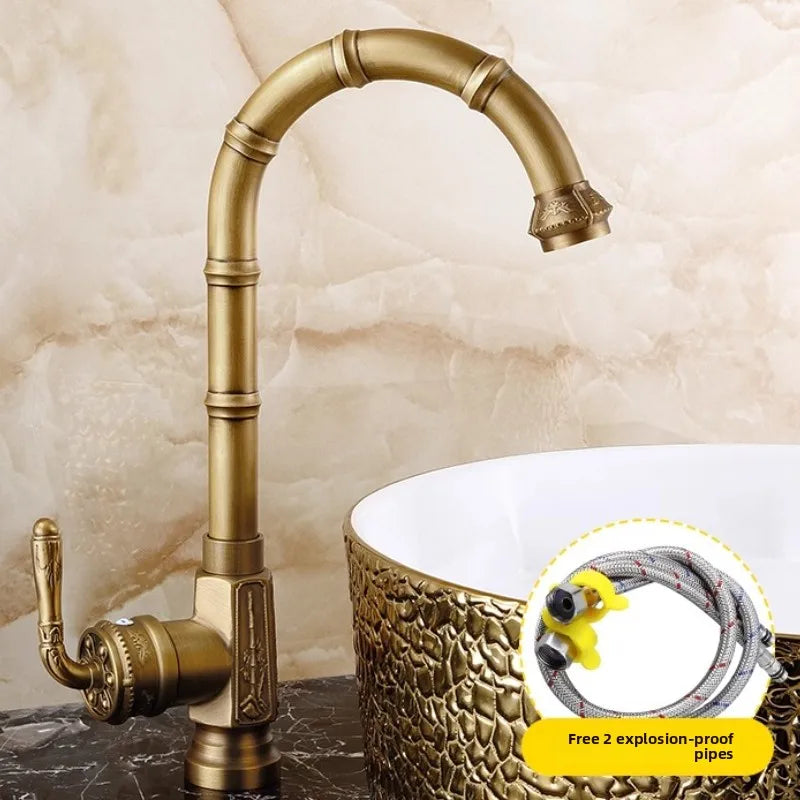 Basin Faucets Solid Brass Vintage Antique Bathroom Faucet Single Handle 360 Degree Swivel Spout Hot Cold Water Basin Mixer Tap