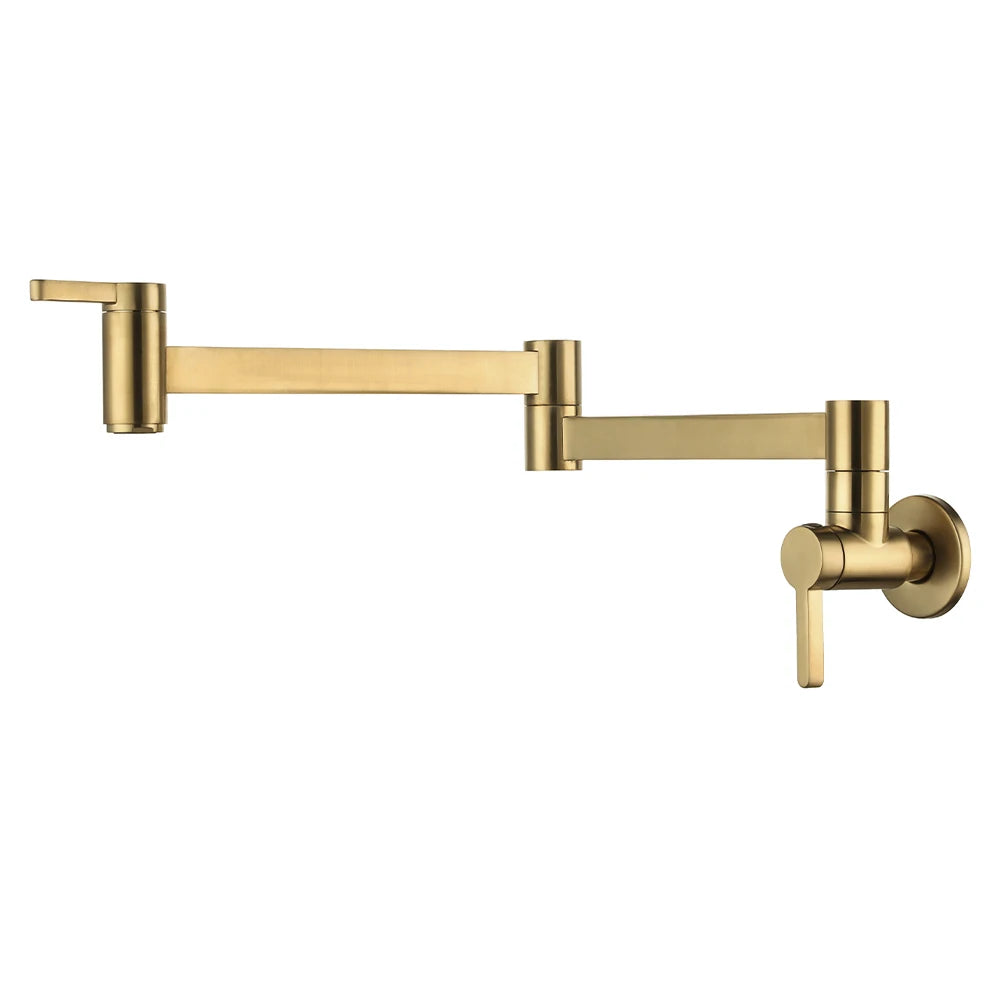 A modern wall-mounted kitchen faucet with an adjustable arm and lever handle, finished in brushed brass/gold.