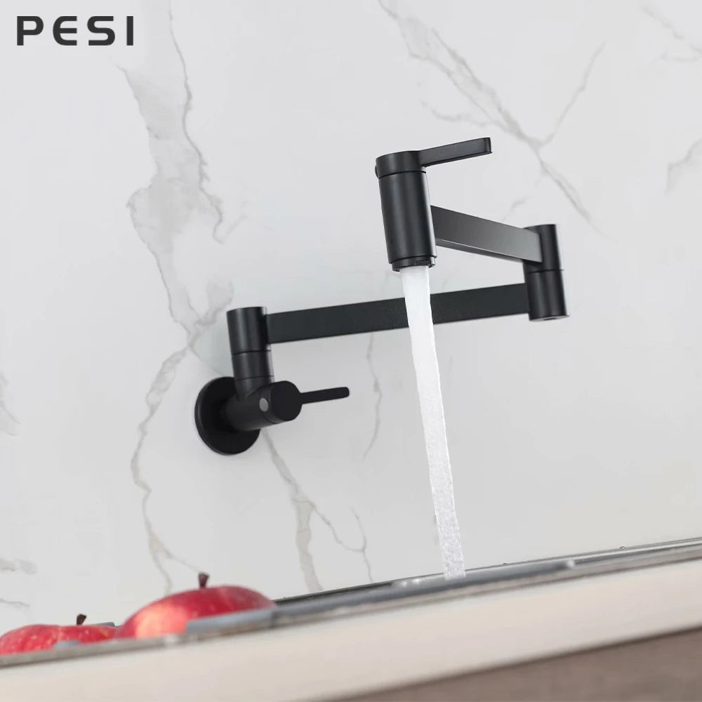 Brass Wall Mounted Folding Spout Kitchen Tap – Double Switch, Matte Black