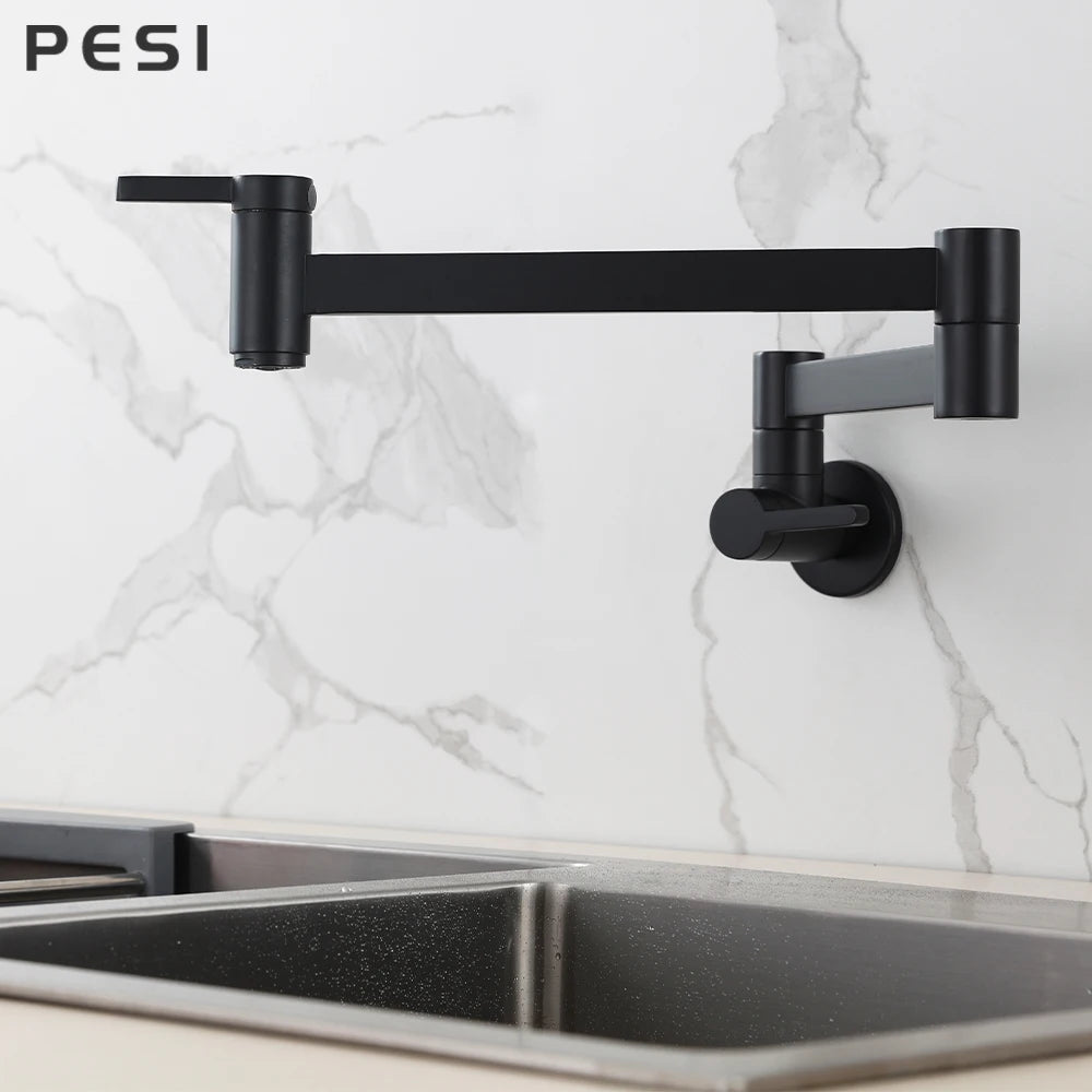 Brass Wall Mounted Folding Spout Kitchen Tap – Double Switch, Matte Black