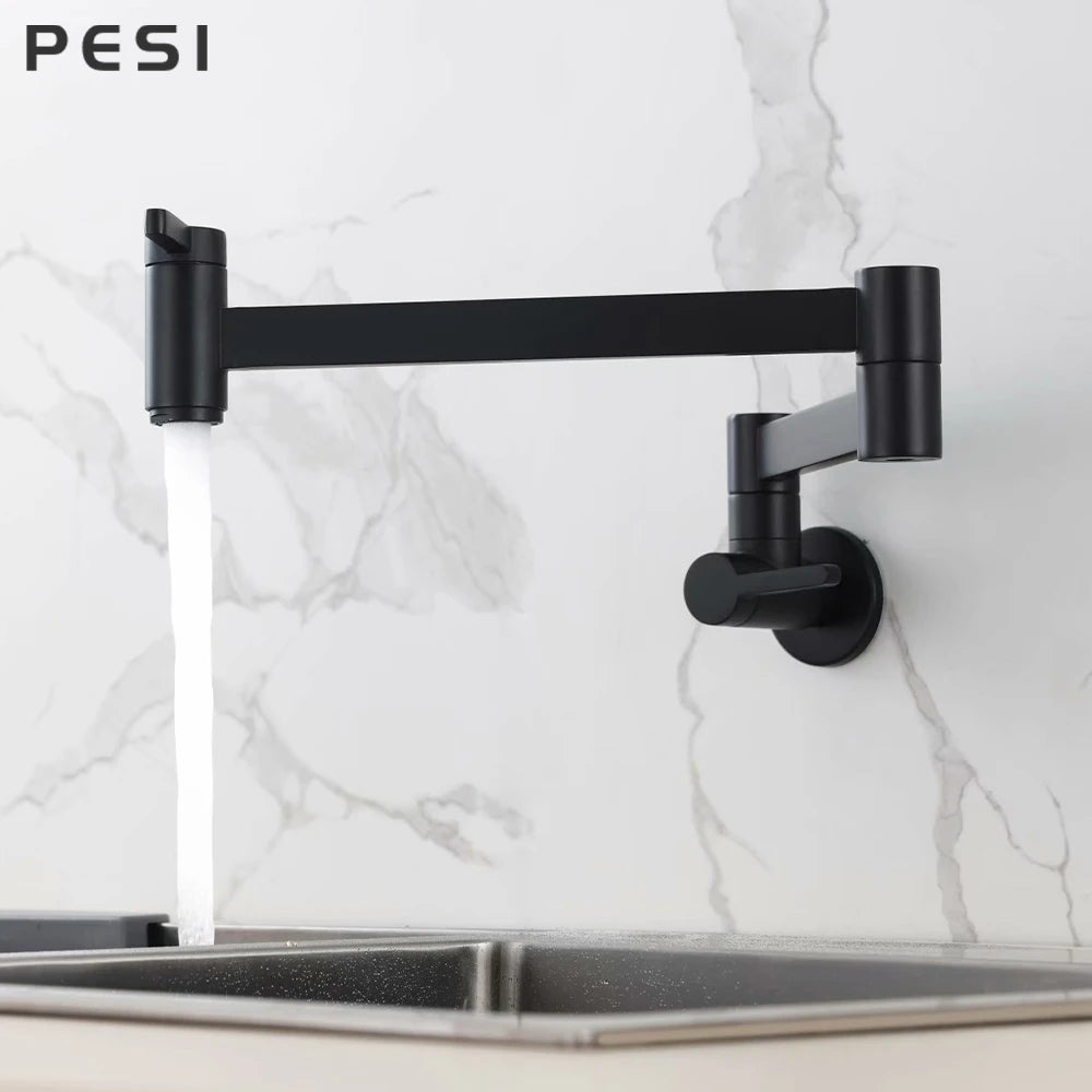 Brass Wall Mounted Folding Spout Kitchen Tap – Double Switch, Matte Black