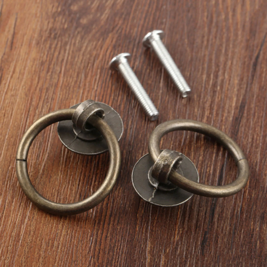 2sets Ring Knobs Simple Handle Antique Bronze Pull w/screws Decor Cabinet Furniture Kitchen Drawer Cupboard 40*30mm Old Chinese