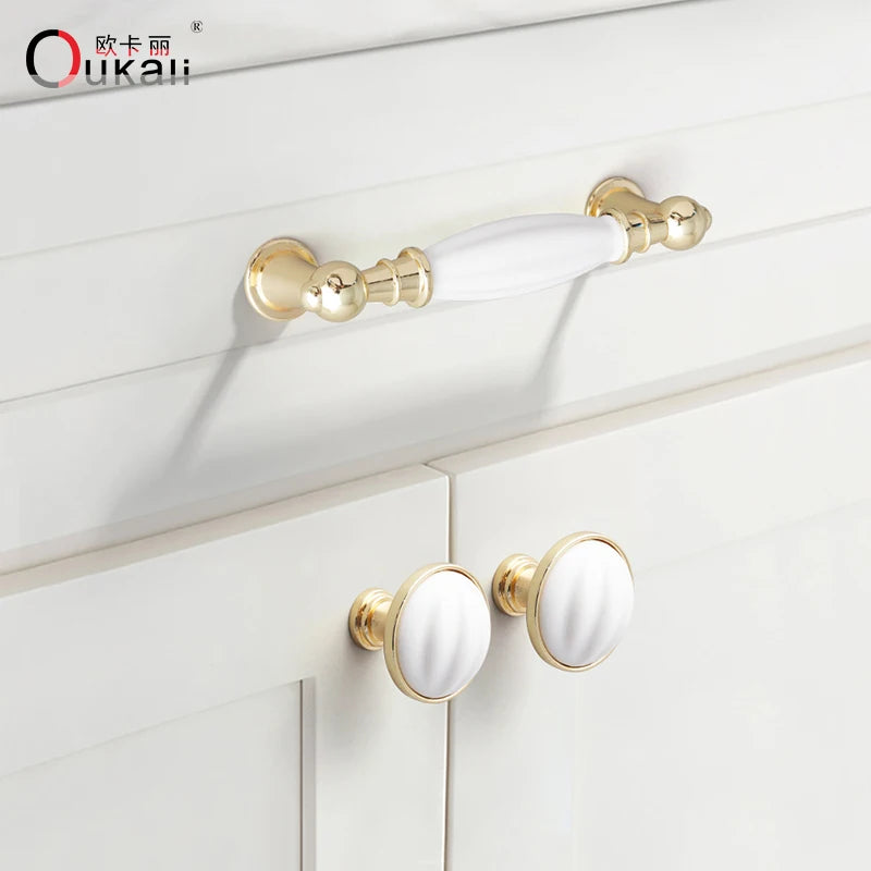 Best Selling K Gold White Kitchen Cabinet Drawer Handles Furniture Handel Hardware Dresser Zamak Ceramic Pull Handles