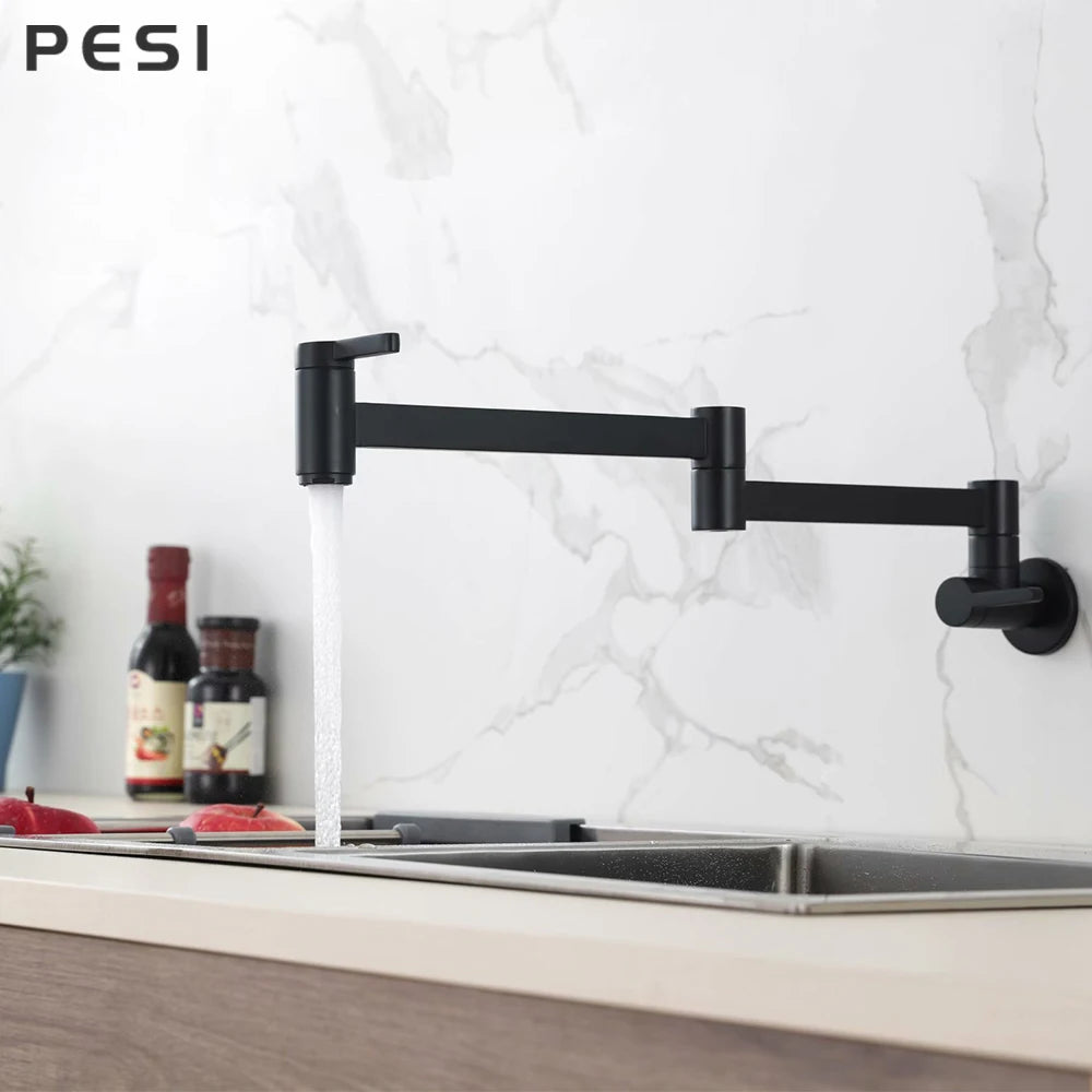 Brass Wall Mounted Folding Spout Kitchen Tap – Double Switch, Matte Black
