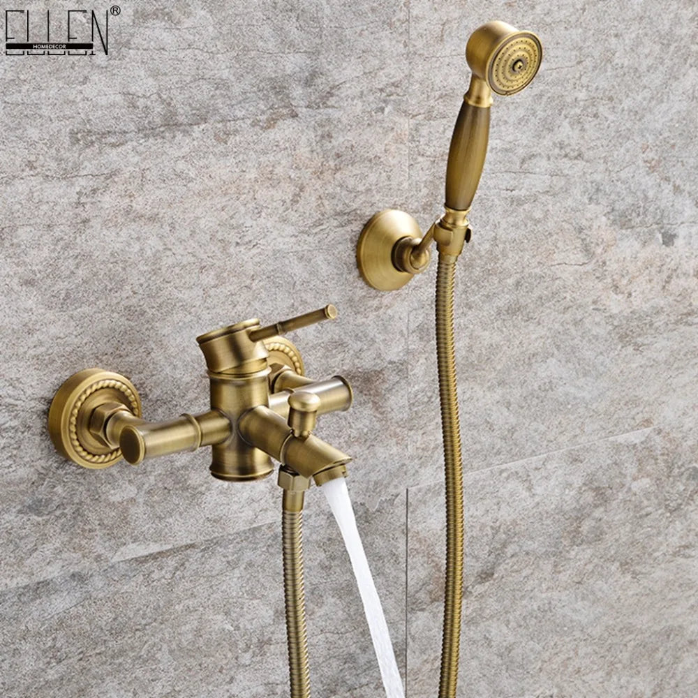 Brass shower system mounted on a tiled wall with 'Ellen' branding.
