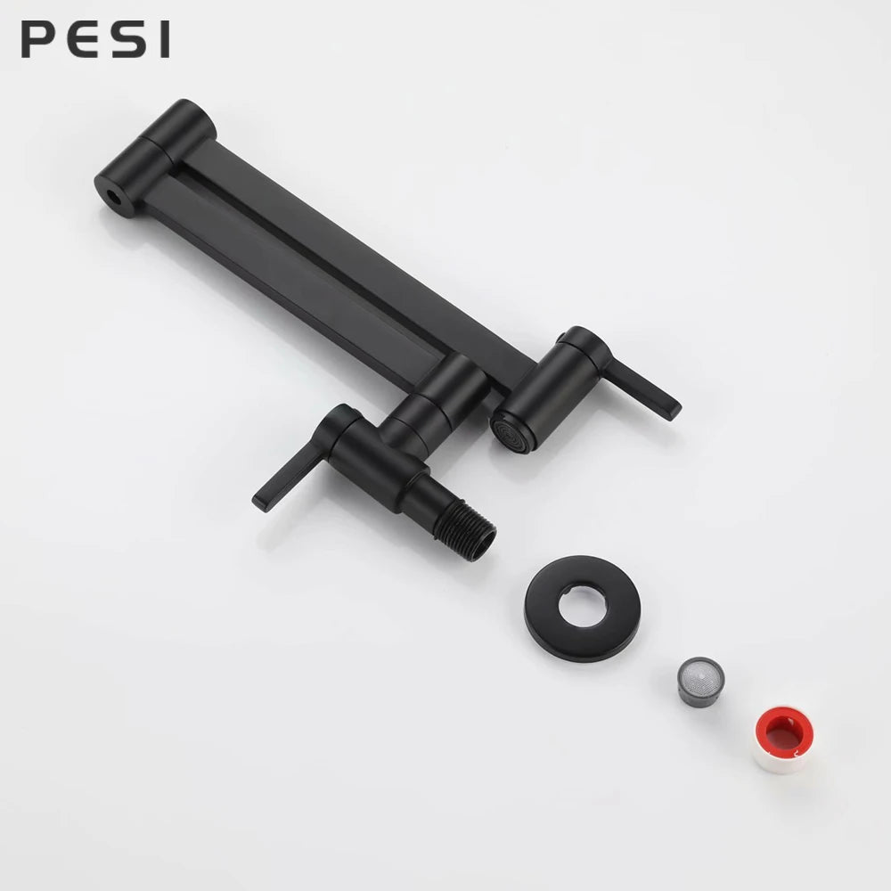 Brass Wall Mounted Folding Spout Kitchen Tap – Double Switch, Matte Black
