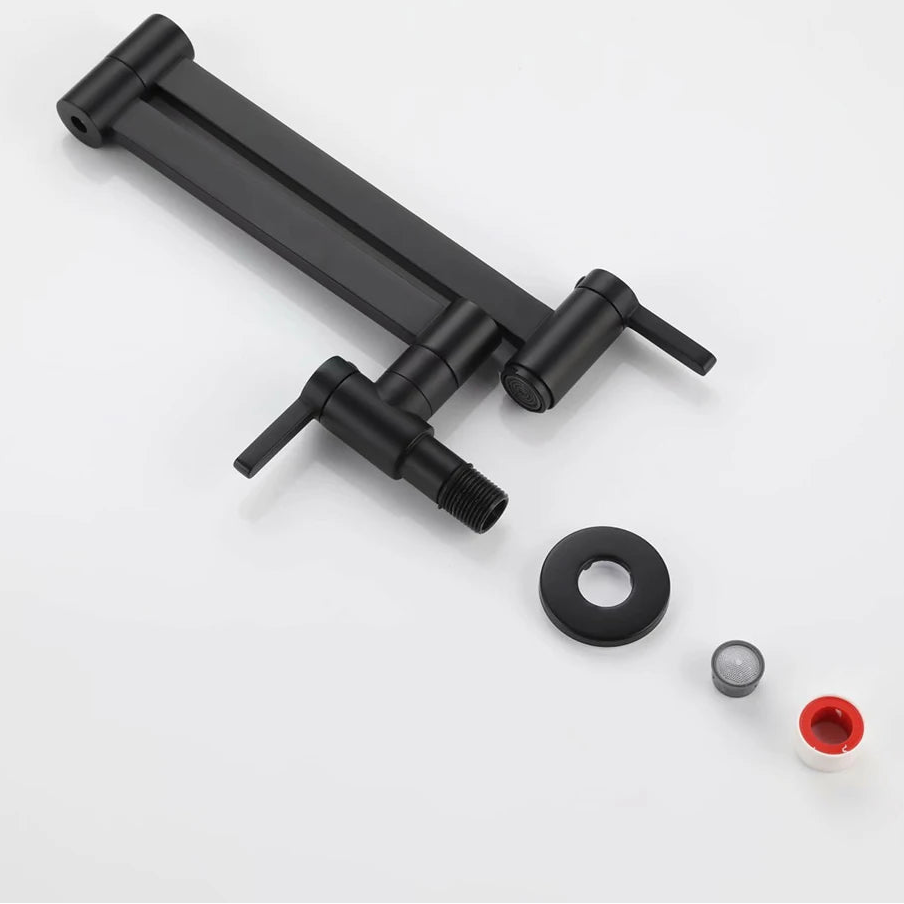 PESI matte black wall-mounted faucet spout with two lever handles and included mounting hardware on a clean white background.