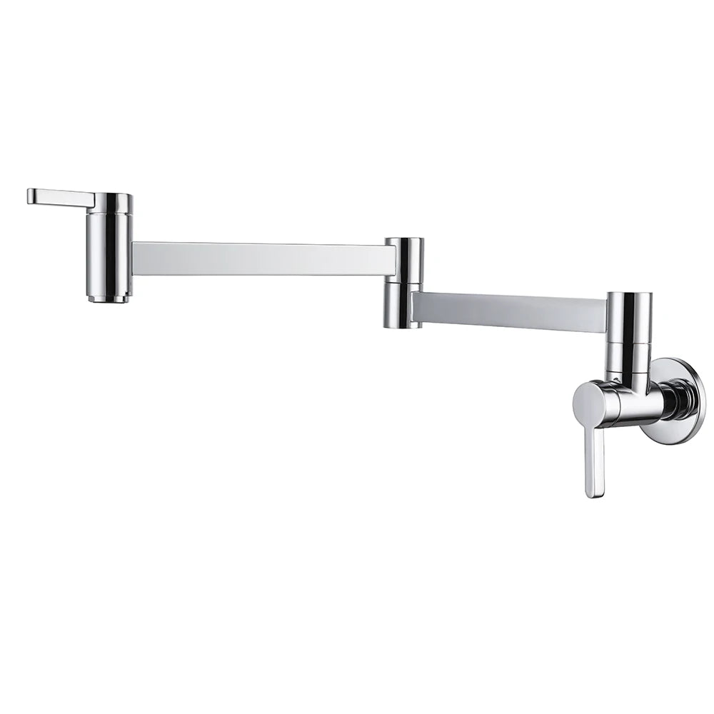 A modern wall-mounted kitchen faucet with a polished chrome finish, featuring an adjustable gooseneck spout, a separate side handle, and a wall-mount bracket on a plain white background.