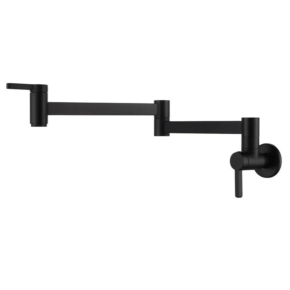 A matte black wall-mounted adjustable faucet with two articulated arms, a side lever handle on the left, and a round wall mount with a vertical handle on the right, shown against a plain white background.