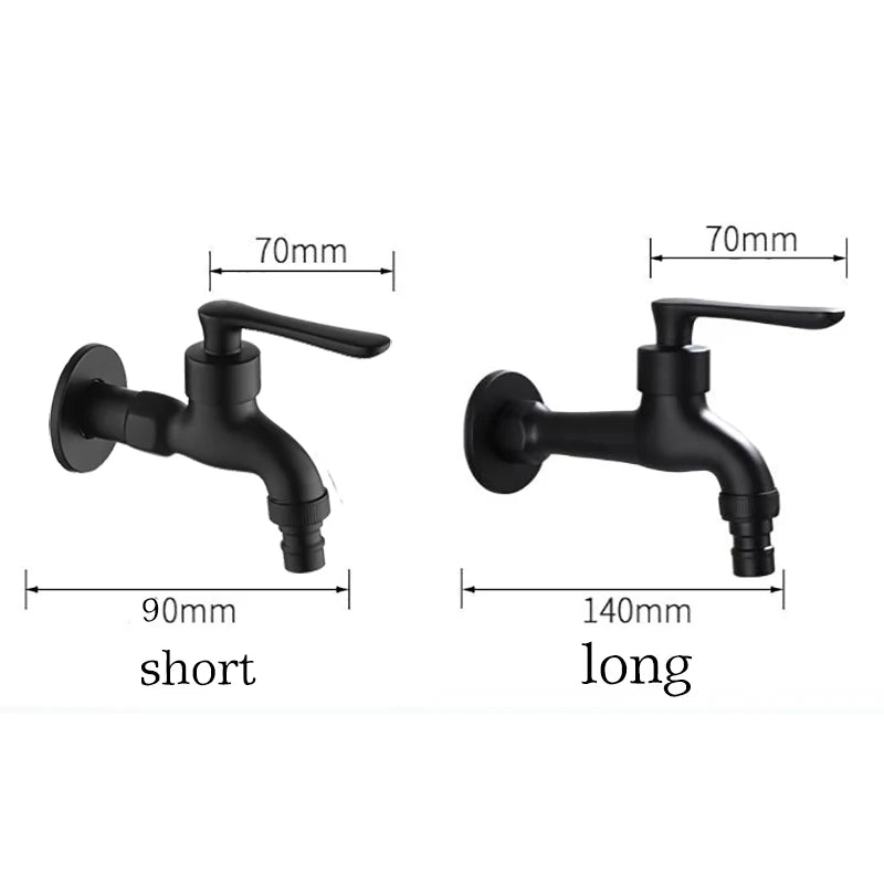 Two black wall-mounted faucets with measurements indicated on a white background
