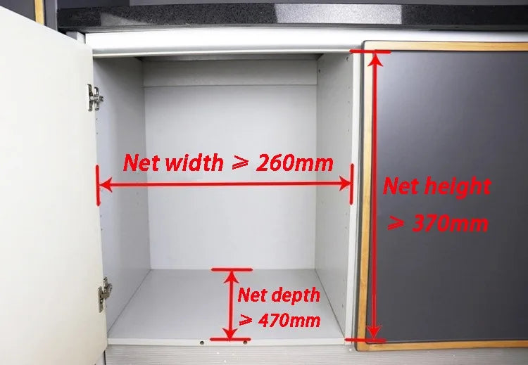 Cabinet dimensions labeled with red measurements on a white background
