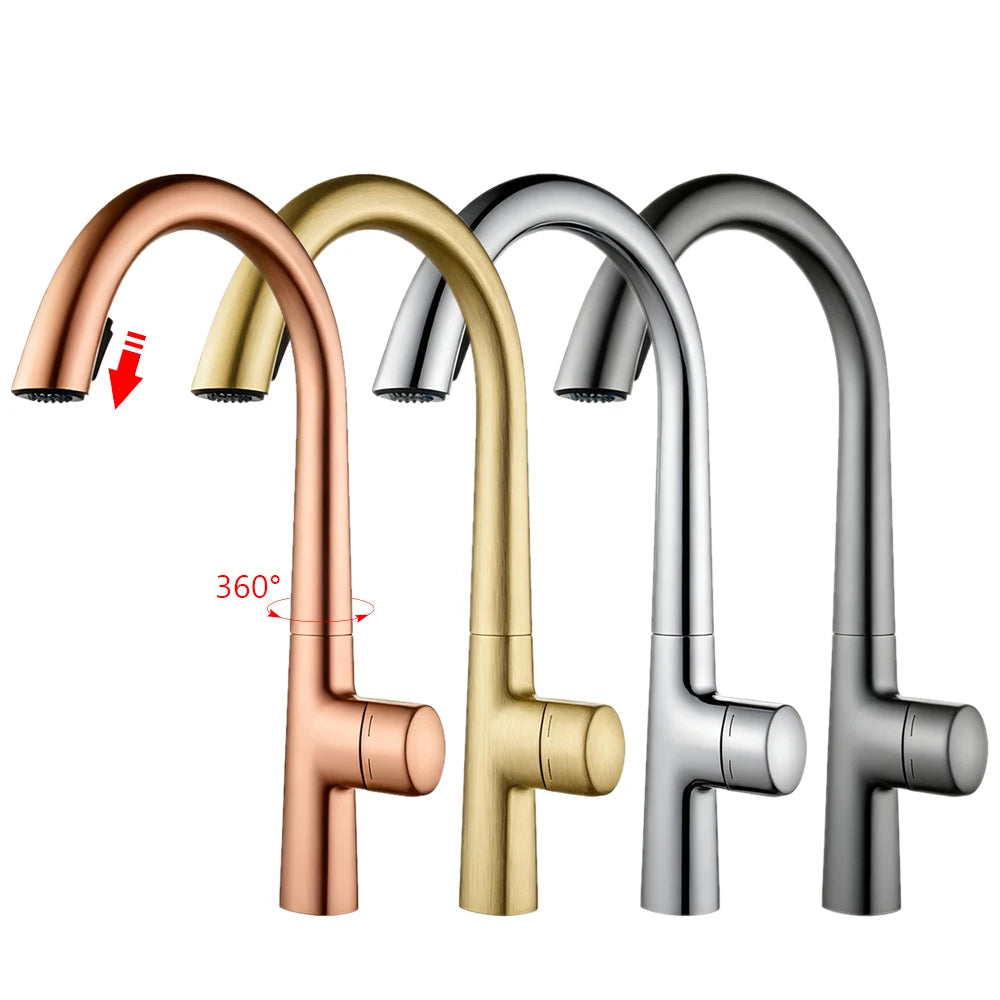 Four modern high-arc single-handle kitchen faucets in rose gold, gold, silver, and white finishes, shown on a white background with a JNMONE logo and red 360° rotation annotation.
