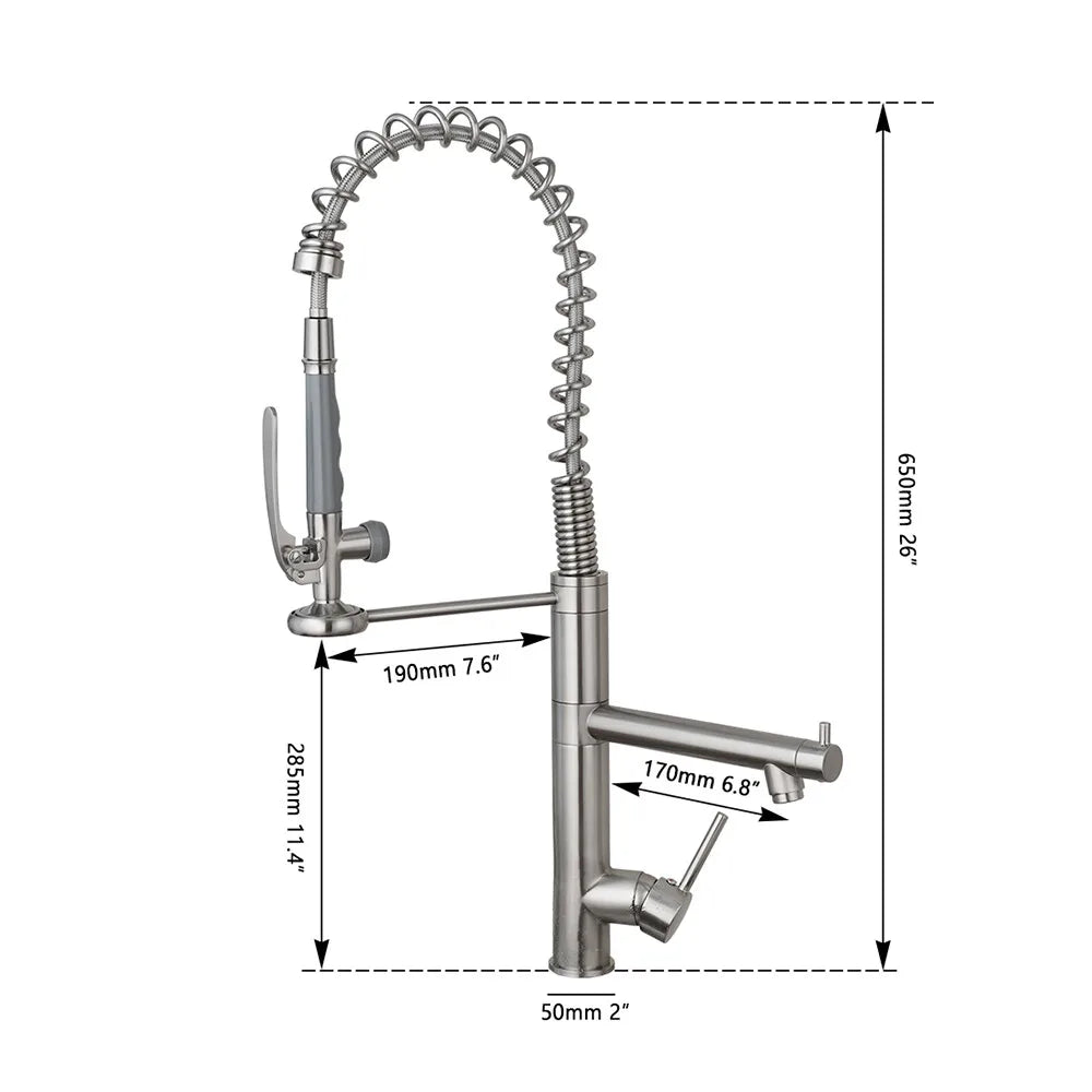 A stainless steel pull-down kitchen faucet with a flexible spring-coiled hose and side spray arm, shown with dimension callouts and measurement lines on a white background.