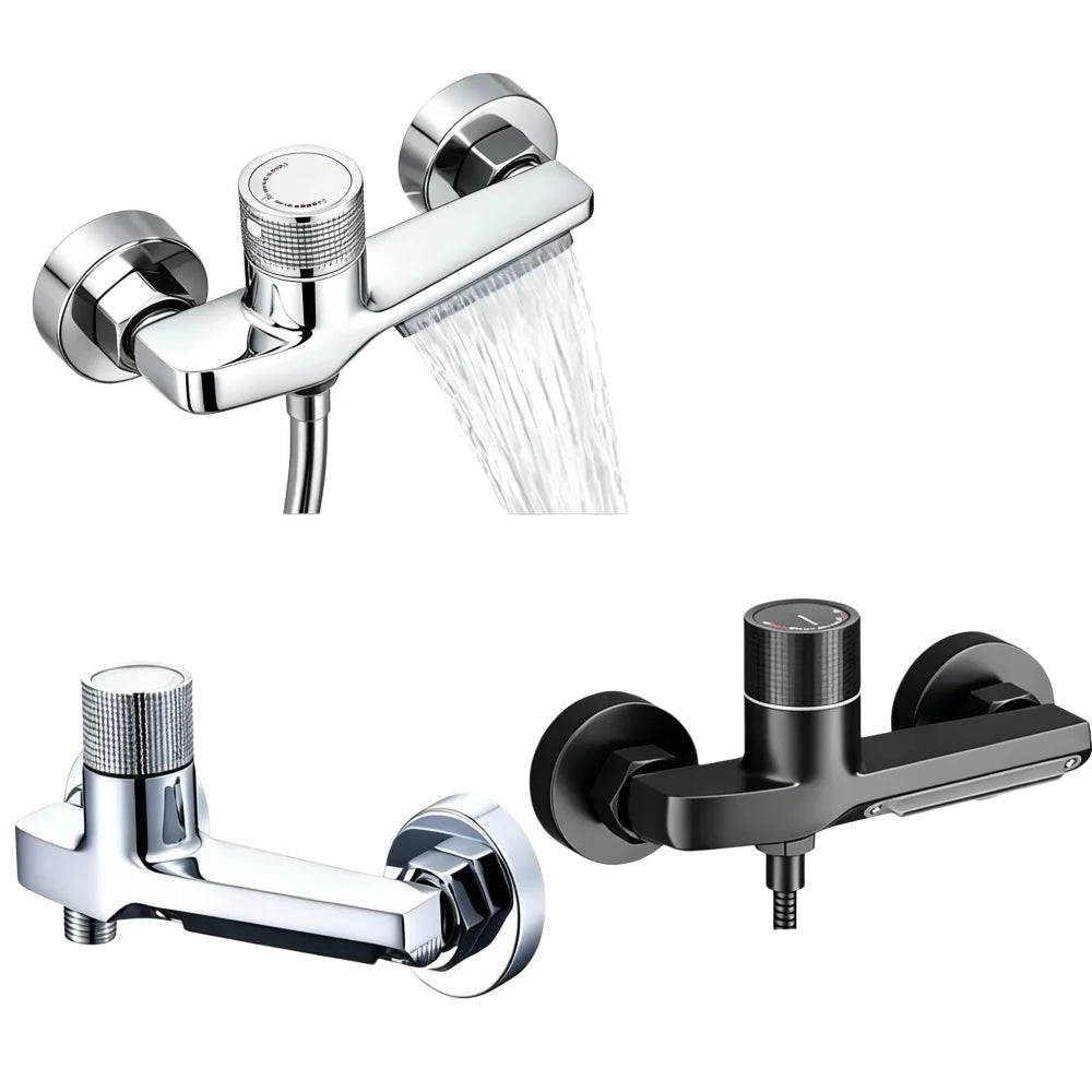Two wall-mounted shower dividers shown on a white background: one in polished silver/chrome and one in matte black. The top-left unit demonstrates water flowing from the shower head.