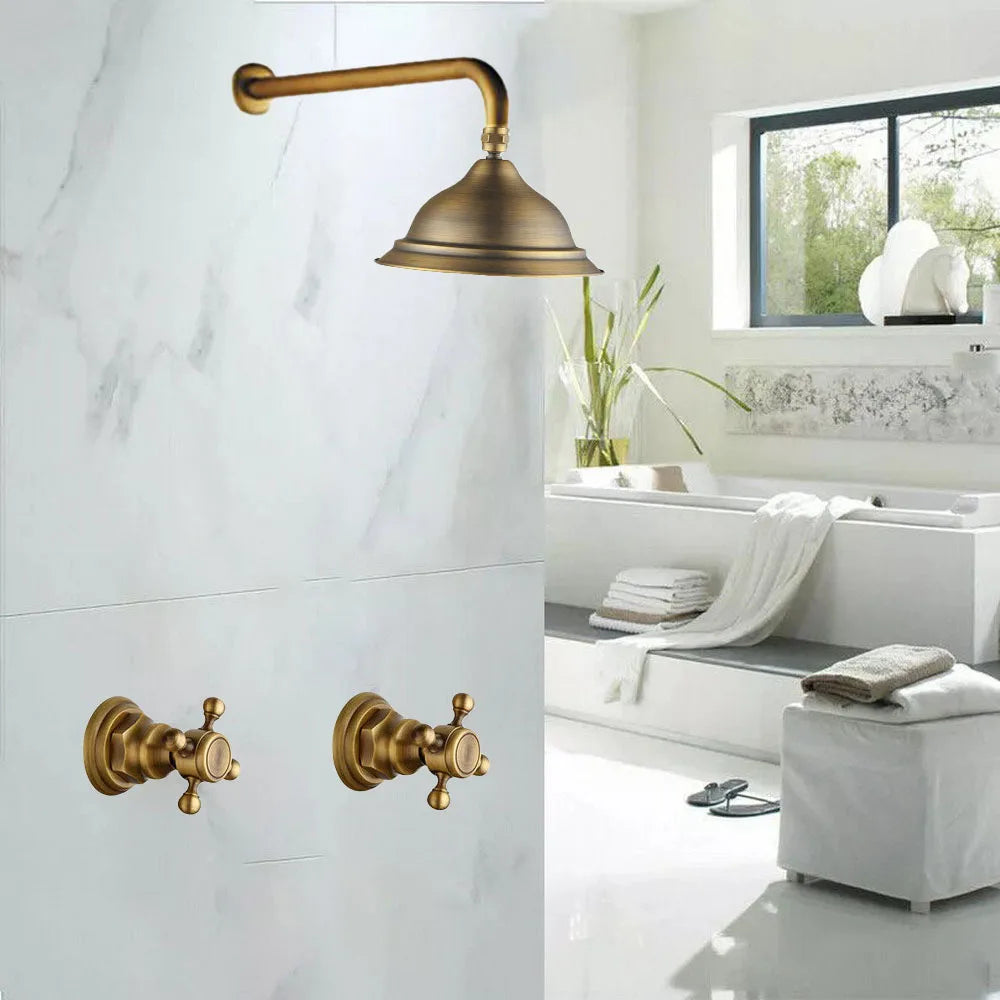 Vintage-style brass shower head and controls in a modern bathroom setting.