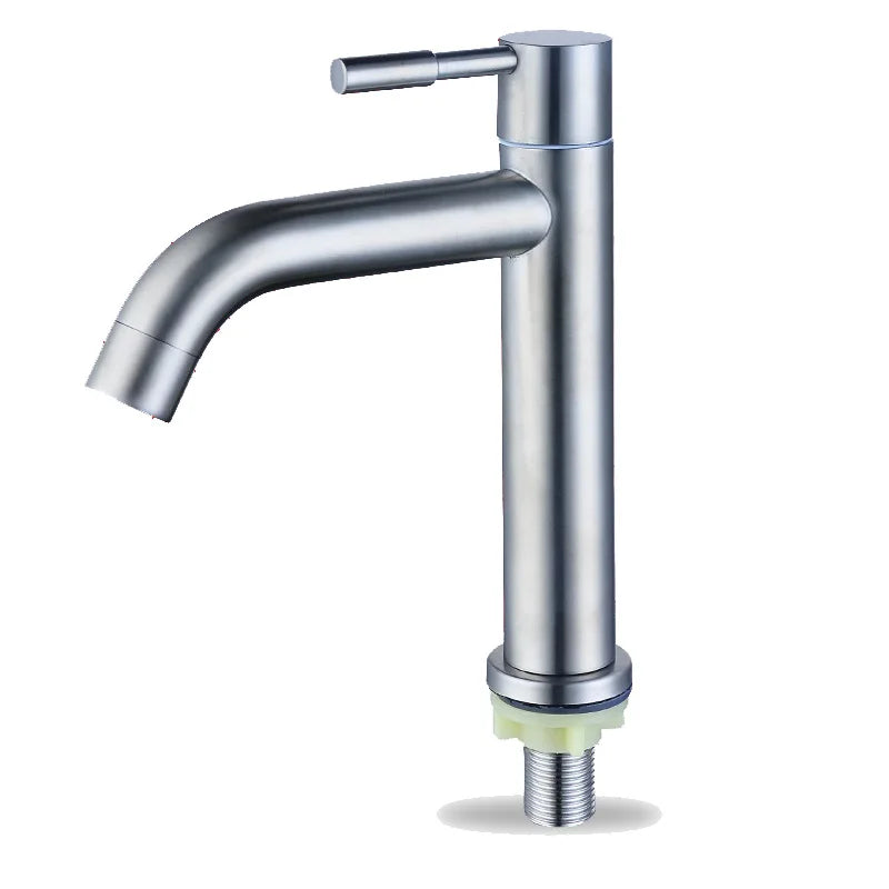 A modern single-handle bathroom faucet with a curved spout and lever handle, finished in brushed silver stainless steel, shown on a white background with a visible bottom mounting thread.