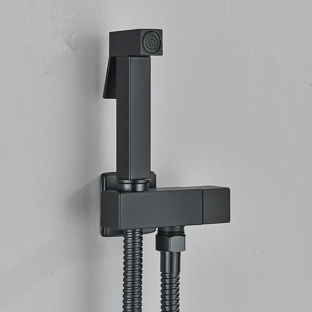 Black shower head with flexible hose on a gray background
