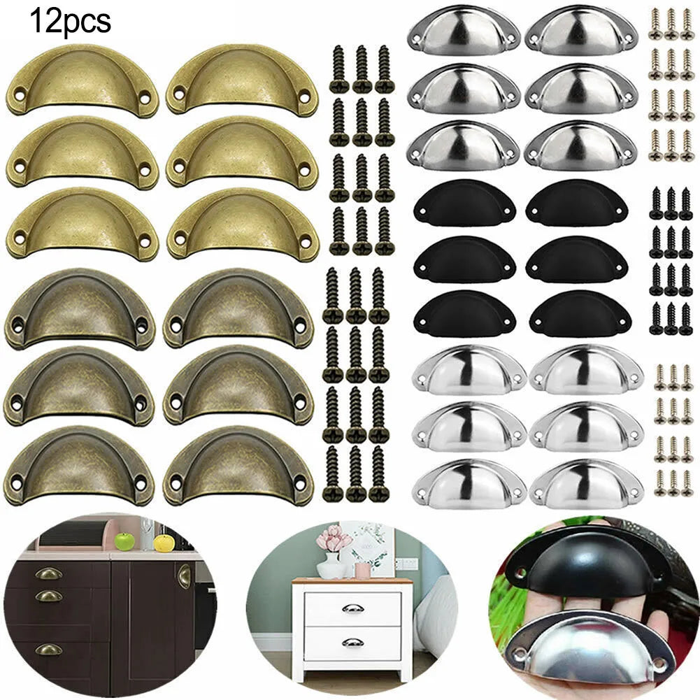 12Pcs Cup Pull Shell Handles Half Moon Iron Retro Handle Kitchen Cupboard Cabinet Door Drawer Handles Door Hardware Accessory