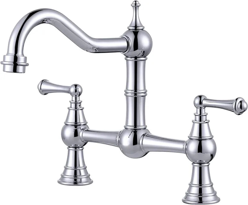 Traditional Bridge Chrome kitchen faucet  with lever handles on a white background