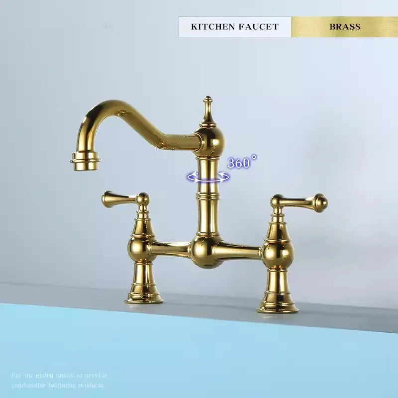 Gold kitchen faucet with 360-degree rotation on a light blue background