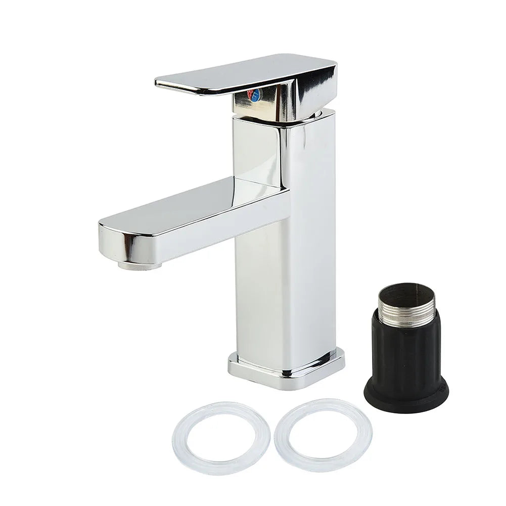 A modern single-handle bathroom faucet with a polished chrome finish, shown alongside a black threaded adapter and two white rubber gaskets on a plain white background.