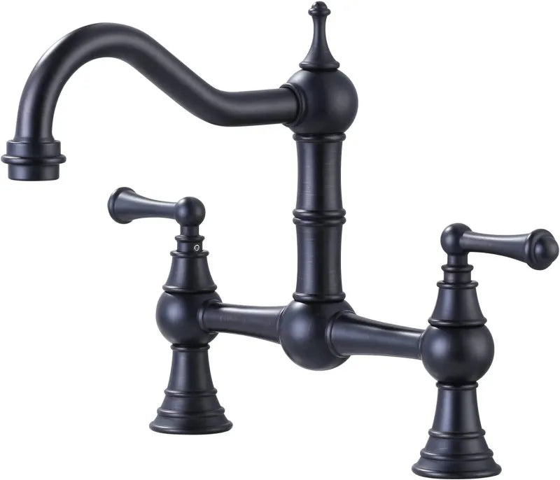 Black kitchen faucet with two handles on a white background