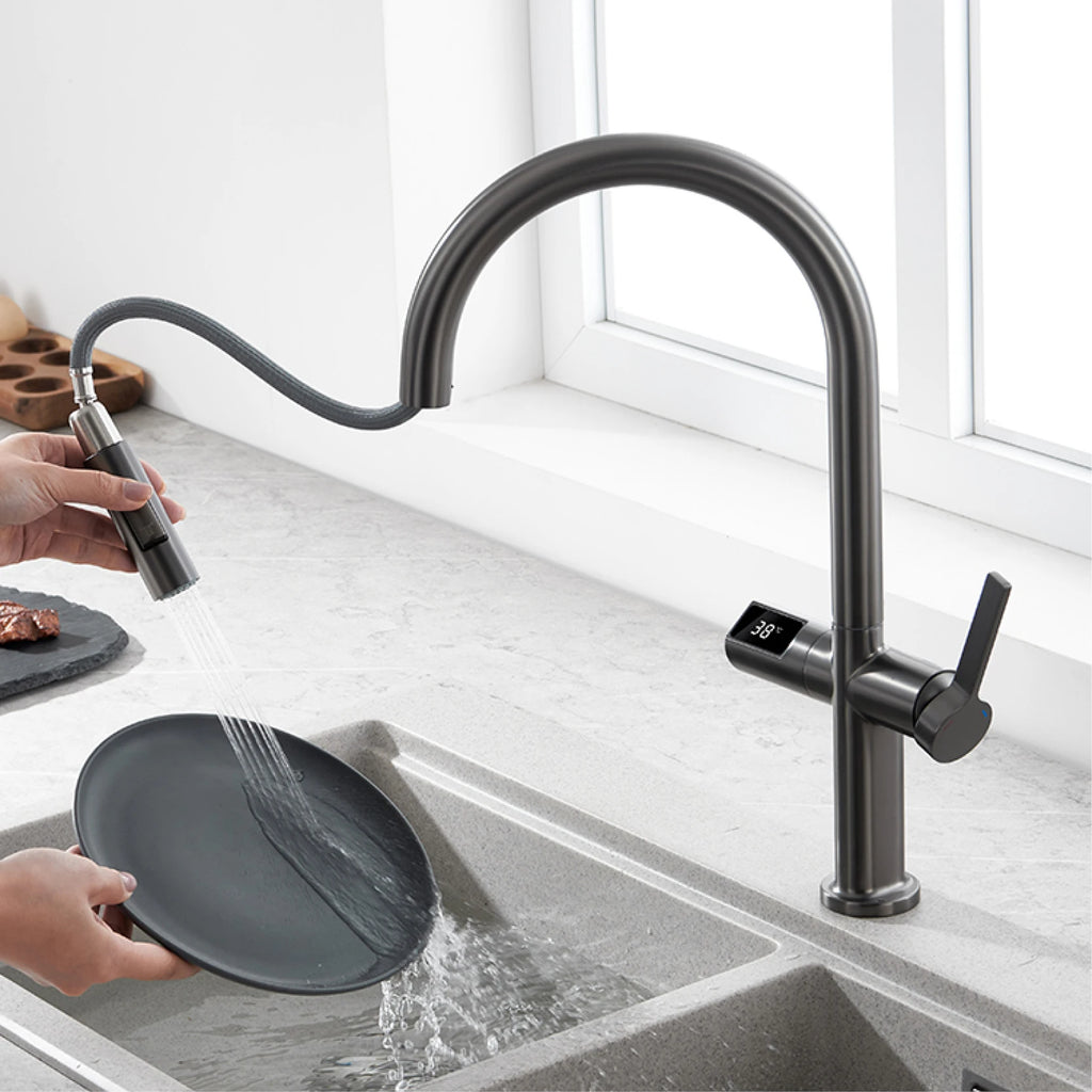 Modern kitchen faucet with digital display in a sink setting