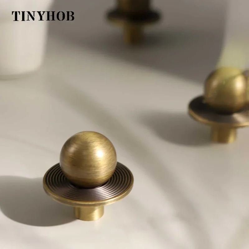 Tinyhob Antique Bronze Brass Round Cabinet Knobs with Base Retro Brass Single Hole Knob Kitchen Hardware for Cupboard Furniture