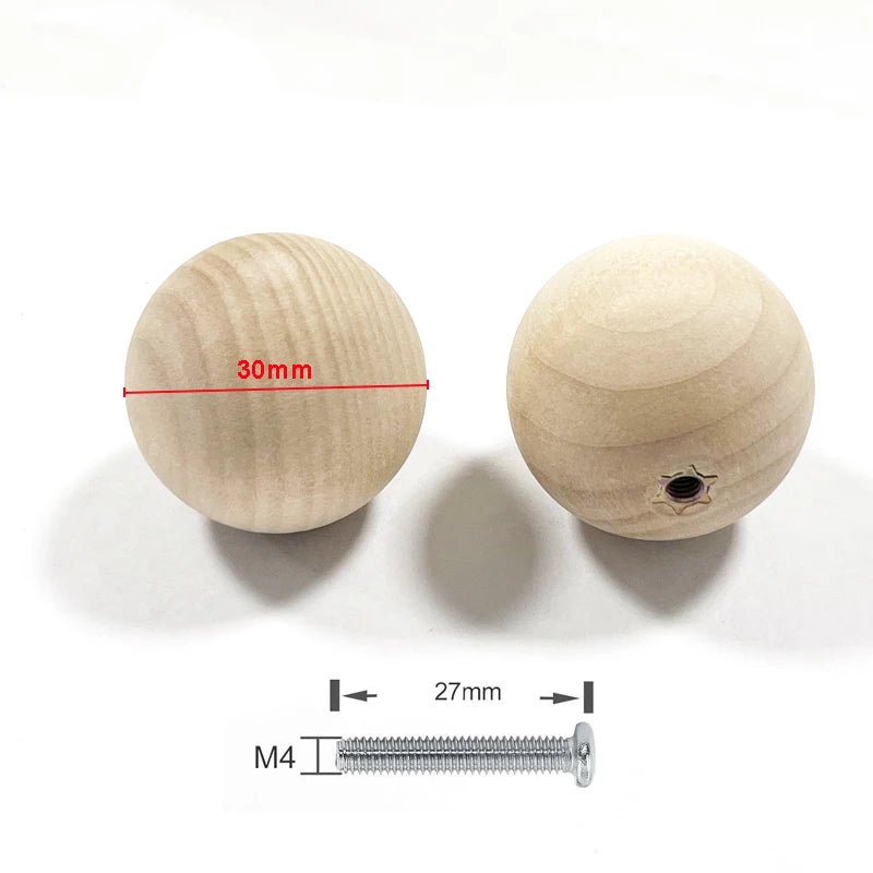 Wood Ball Knobs - Round Natural Wooden Furniture Knobs for Cabinet, Dresser, Wardrobe, Cupboard, Kitchen, Door Pulls and Handles