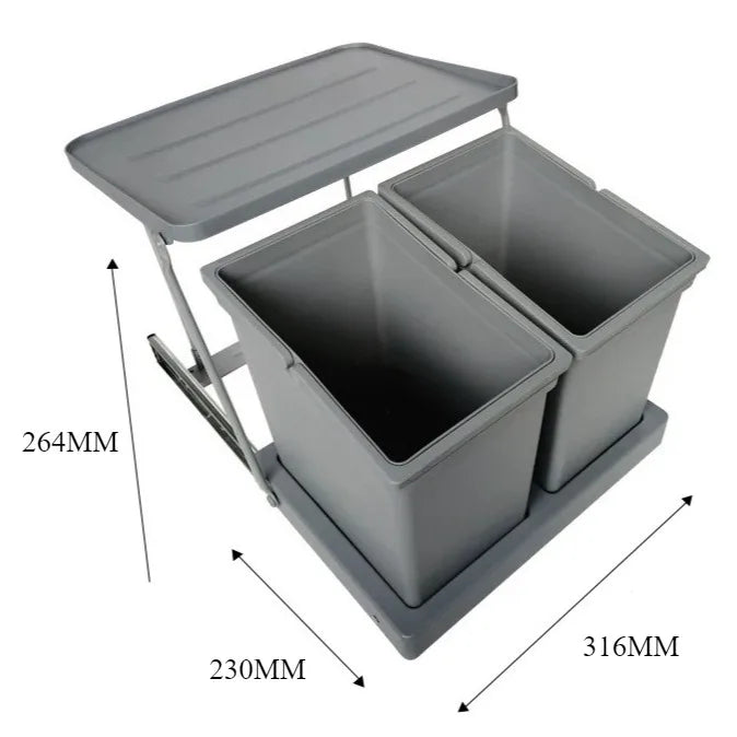 Gray dual-bin composting bin with a folding table top and base, shown with dimension arrows and measurements 264MM, 230MM, and 316MM on a white background.