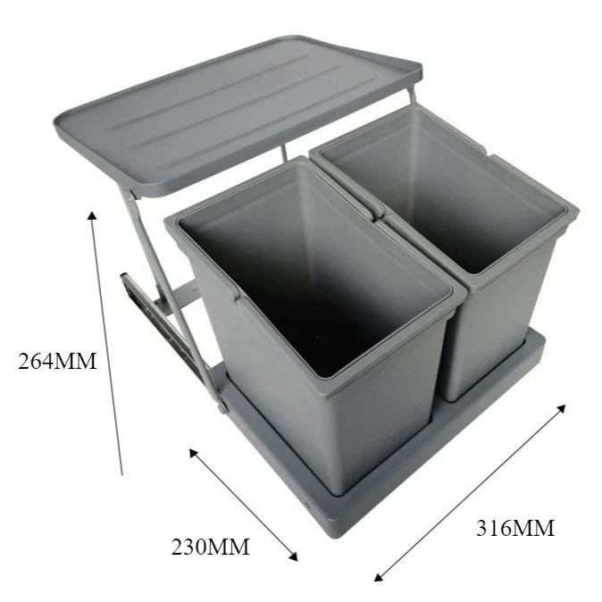 Gray dual-bin composting bin with a folding table top and base, shown with dimension arrows and measurements 264MM, 230MM, and 316MM on a white background.